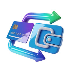 Digital wallet and credit card with transfer arrows symbolizing online payment