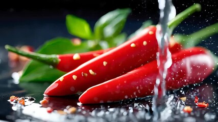 Fresh red chili peppers with water splashes and seeds on a dark surface, symbolizing spice and freshness - Powered by Adobe