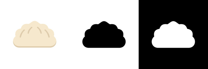 A simple illustration of a dumpling shown in three styles: a beige version, a solid black silhouette, and a white version on a black background.