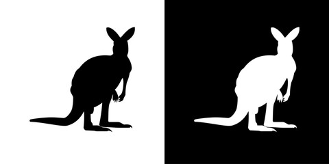 Kangaroo silhouette: A silhouette of a kangaroo standing upright with its tail stretched back, shown in both black and white backgrounds.