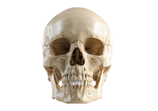 Realistic human skull with detailed bone structure on transparent background