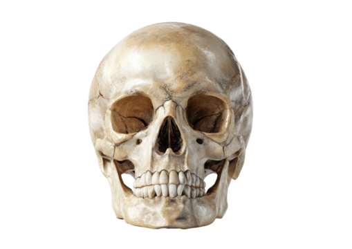 Realistic human skull isolated view detailed bone structure on transparent background