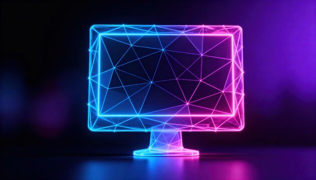 Glowing neon computer monitor with a digital wireframe network. Futuristic abstract technology concept in blue and pink light on a dark background