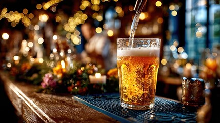 Golden beer poured into a mug against the backdrop of falling snow. The atmosphere of a cozy winter pub or Christmas celebration