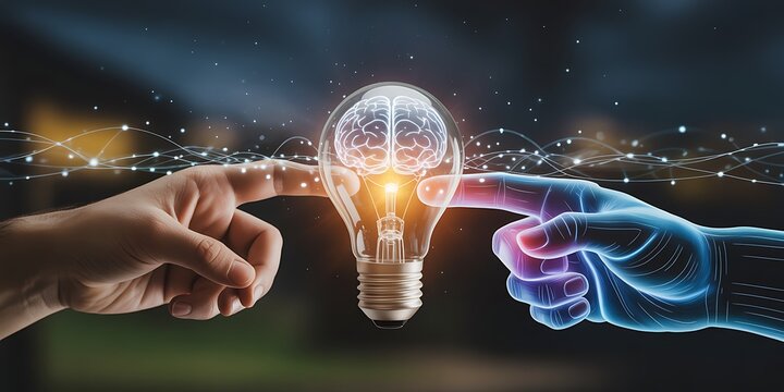 Creative Innovation and Technological Advancement Concept with Brain Inside Light Bulb and Human Interaction