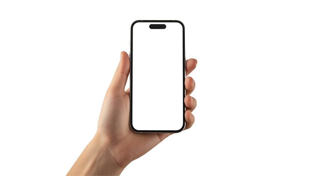 Hand holding smartphone with blank white screen on isolated background for app presentation and digital marketing campaigns - Powered by Adobe