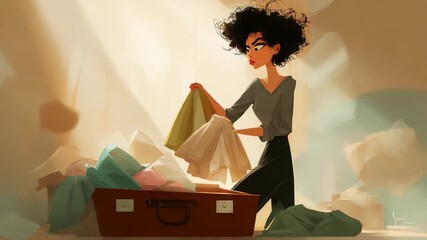 A woman sorting through a chaotic suitcase filled with colorful clothes, displaying determination and focus as she seeks to organize her belongings in a creative animation style.