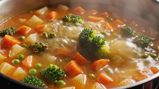 Close up of a steaming pot of hearty vegetable soup simmering.