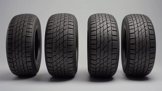 Four upright car tires with distinct tread patterns against neutral gray background, evoking automotive precision, performance diversity, and symbolic traction.