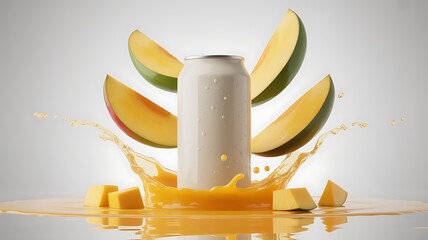 Refreshing Mango Drink in a Can with Fresh Mango Slices and Juice Splashing a Tropical Beverage Concept