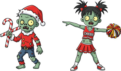 Cartoon zombie Santa and cheerleader characters, funny Christmas horror illustration, festive undead art concept, creepy comic design for holiday theme