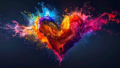 Vivid heart shape formed by explosive, colorful paint splashes against a dark background, creating a dynamic, abstract artwork