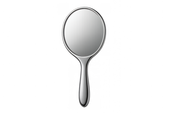Hand mirror displaying reflection surface for beauty, vanity, and personal care on transparent background