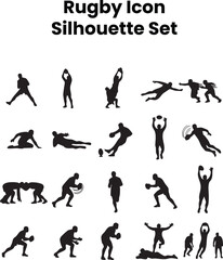 Rugby Icon Silhouette Set  Rugby Players Ball and Action Poses for Sports and Game Design Projects