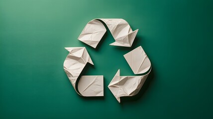 Recycling symbol on cardboard and green background representing eco friendly concept