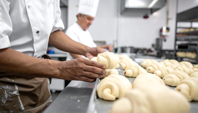 Two bakers arrange fresh dough croissants on a stainless steel conveyor