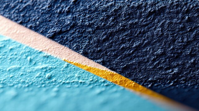 Macro view of a textured wall with bold diagonal lines of blue, light beige, and yellow paint.