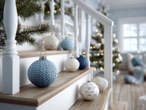 Modern oak staircase wrapping around square void with matte Christmas bauble on white background - Powered by Adobe