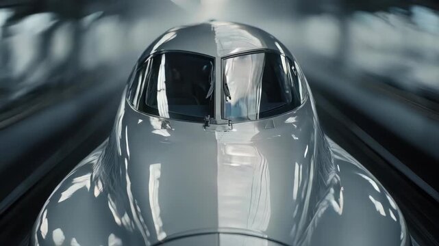 Sleek, silver train cockpit, reflections blurring as it travels