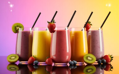Colorful and Refreshing Fruit Smoothies with Strawberries Kiwi and Blueberries on a Reflective Surface Delicious and Nutritious Drinks for a Healthy Lifestyle