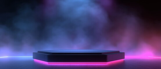 3d rendering of a podium stage with neon lights, a nightclub background with smoke and glow, for product presentation design. 