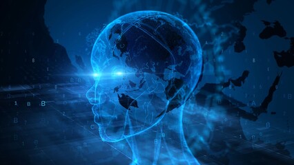 Futuristic Digital Human Head with World Map and Data Overlay