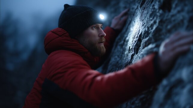a fit man in his late 30s with a short dark-blond beard is climbing a rocky cliff in the mountains, seen from far away. The cliff occupies about three-quarters of the image.