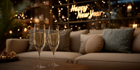 Two glasses of champagne on a table in front of a Christmas tree