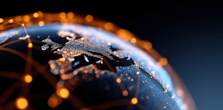 abstract global network concept with glowing connections around the earth globe, in blue and orange colors. 