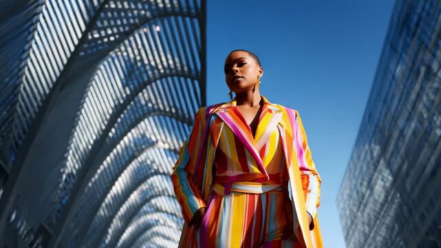 A vibrant fashion statement featuring a confident individual dressed in a bold striped ensemble, radiating style and empowerment against a modern architectural backdrop under a clear blue sky.