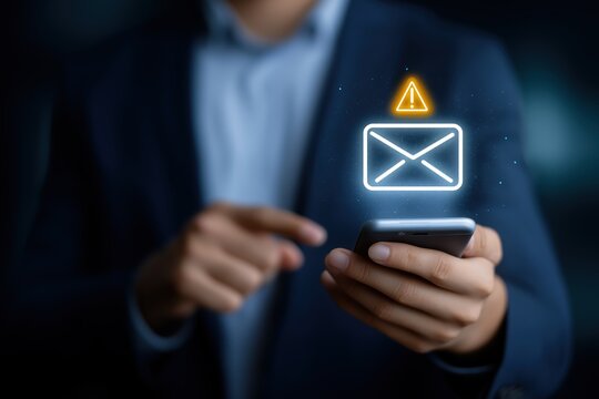 businessman using a smartphone and holding a mail icon with a warning sign on a virtual screen.