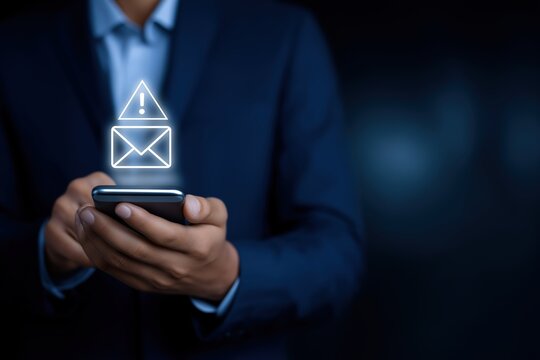 businessman using a smartphone and holding a mail icon with a warning sign on a virtual screen. 