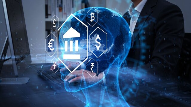 Futuristic Financial Technology Interface in Modern Office Environment