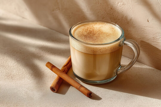 Coffee with frothy milk accompanied by cinnamon sticks