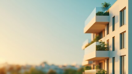 Obraz premium Modern urban condo building with balconies against clear sky at sunset in minimalist style