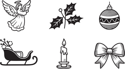 Christmas Icon Set - Black and White Engraving Style