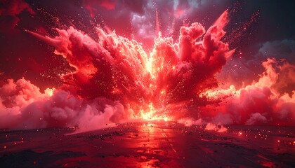 Vivid, red explosion bursts upwards with dust and bright light on a reflective surface under a cloudy sky