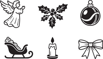 Set of Christmas Holiday Vector Icons - Angel, Holly, Ornament, Sleigh, Candle, and Bow
