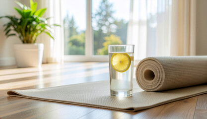 Yoga mat and a glass of lemon water in a bright room for a healthy start to the day