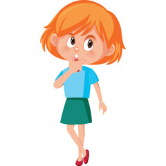 Thoughtful Young Girl with Orange Hair Wearing Light Blue T-shirt and Green Skirt and Red Shoes Pondering with Finger on Chin