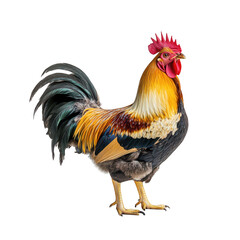 Fototapeta premium A and majestic rooster stands proudly against a clean white background. its colorful plumage and regal posture. perfect for agricultural or wildlife-themed projects
