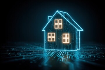 House silhouette with glowing shield and electric blue circuit lines on teal background