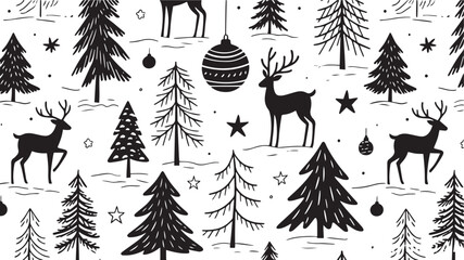 Seamless Christmas Pattern with Deers and Trees
