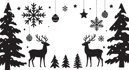 Black and white Christmas illustration with deers and trees