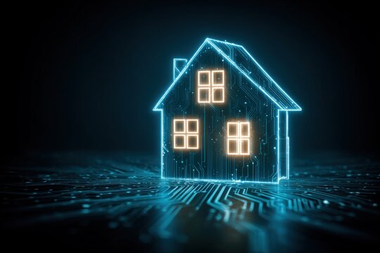 House silhouette with glowing shield and electric blue circuit lines on teal background