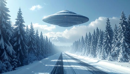 UFO flying over snow-covered road between trees, with distant mountains against a bright sky