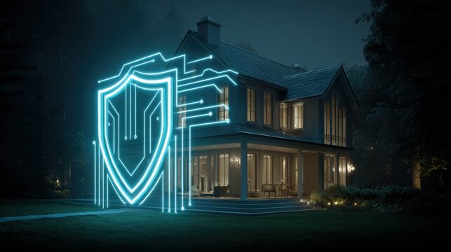 Smart home security concept with glowing shield and circuit lines on house silhouette
