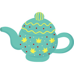 Teapot with autumn leaf pattern and red dots decorated with yellow wavy lines on the lid and cap in aqua blue color
