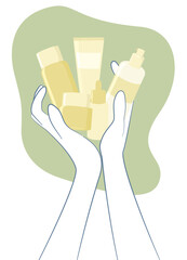 Two hands lifting multiple skincare products including tubes and bottles, depicted in a clean minimal style with a muted green shape behind. Shows cosmetic collection and self-care essentials.