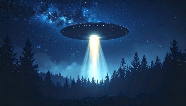 UFO hovers above dark forest under starry night sky, illuminated by bright beam, creating mysterious atmosphere